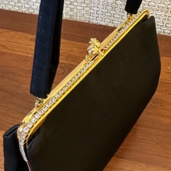 🌟HP🌟VTG 1950s-60s H&L (Harry Levine) Black Satin & Rhinestone Evening Bag Set - Picture 4 of 16